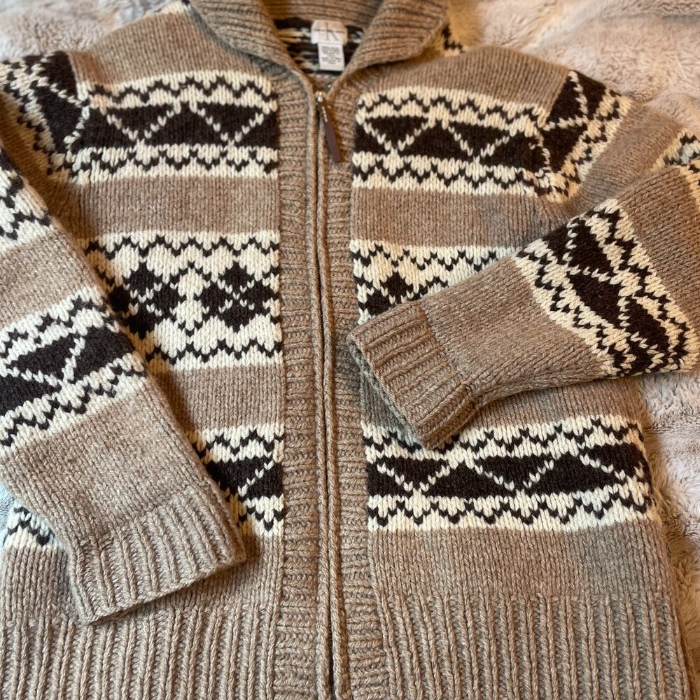 Calvin Klein Jeans Vintage Long Sweater 100% Heavy Wool Geometric Cardigan Zip